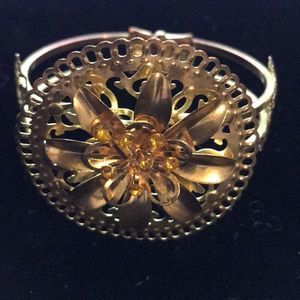 Yellow Rhinestone Gold Flower Clamper Bracelet vtg